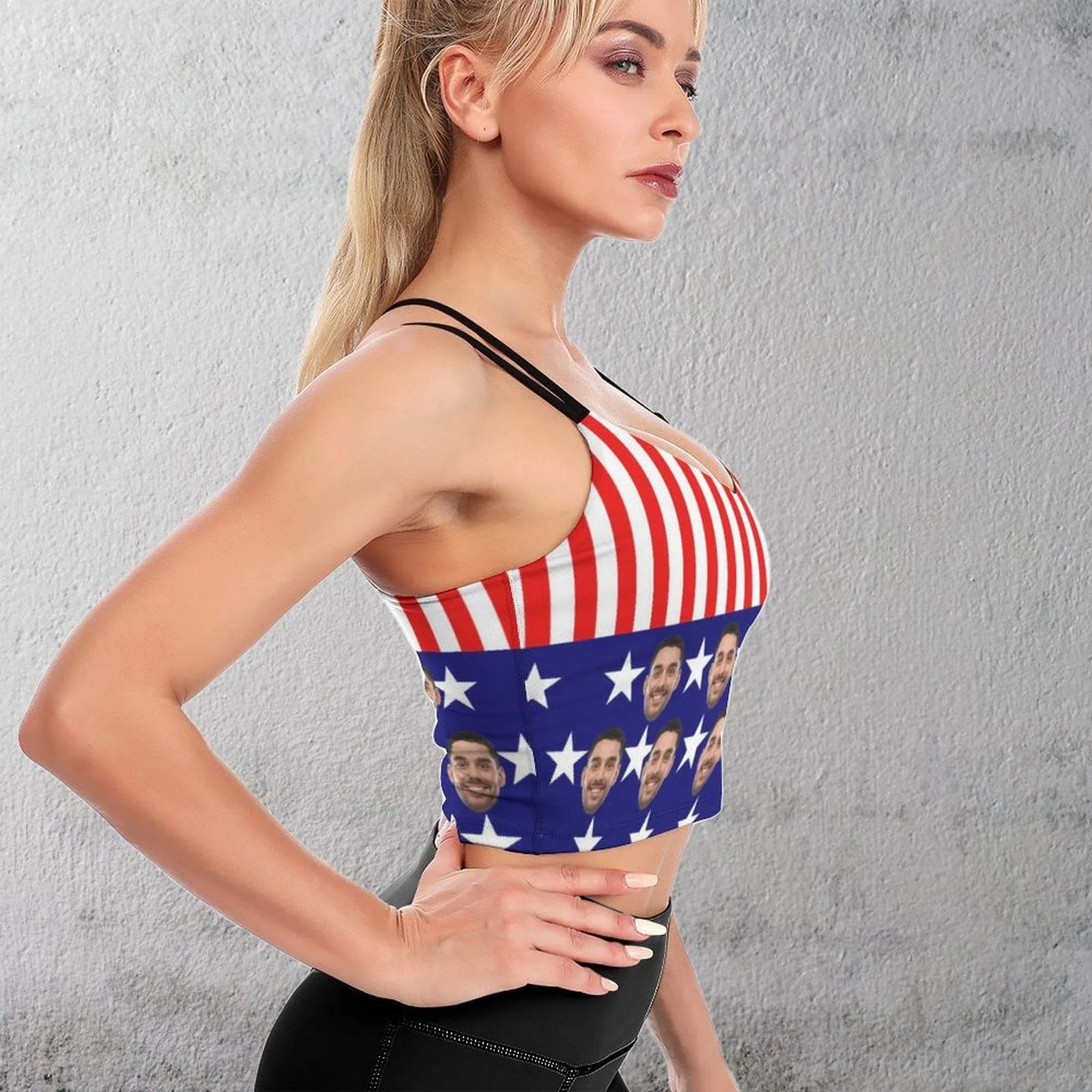 Custom Husband Face US Flag Tops Personalized Women's All Over Print Strappy Longline Yoga Sports Bra