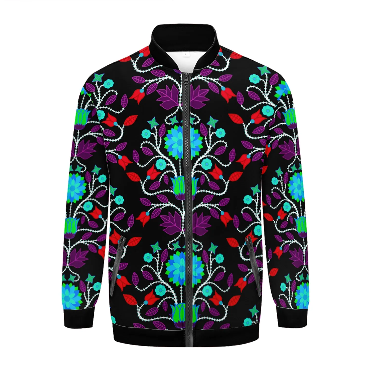 Floral Beadwork Four Clans Winter Youth Zippered Collared Lightweight Jacket