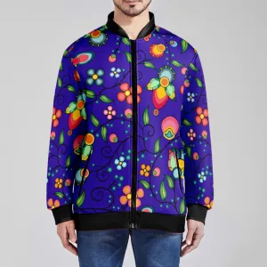 Floral Bounty Blue Zippered Collared Lightweight Jacket