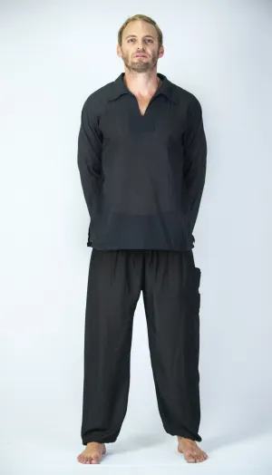 Mens V Neck Collar Yoga Shirt in Black